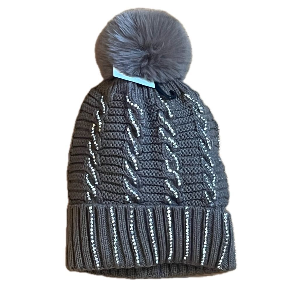 Boutique Brown Cable Knit Ribbed Beanie with Pom Pom Silver Sequins One Size NWT